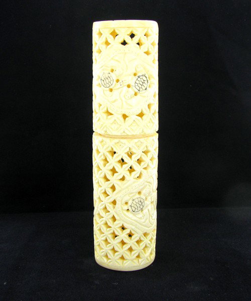 Chinese Handcarved Bone Scroll Tube: Excellent handcarved piece 6"