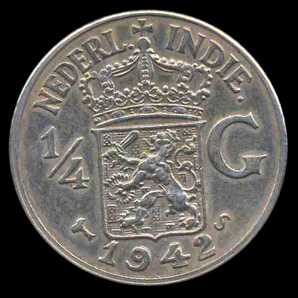 1942S Netherlands Indies 1/4g AU: Nice scarce WW2 piece; minted San Fran!; 0.0736 ounces silver