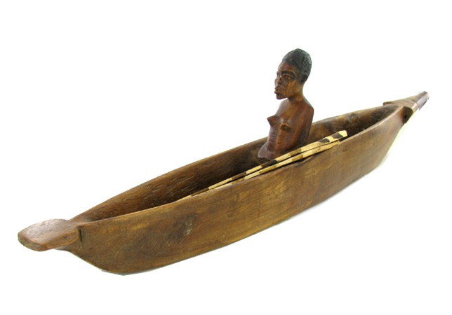 Handcarved Mahogany Vintage Woman in Canoe: Excellent handcarved piece; 18"