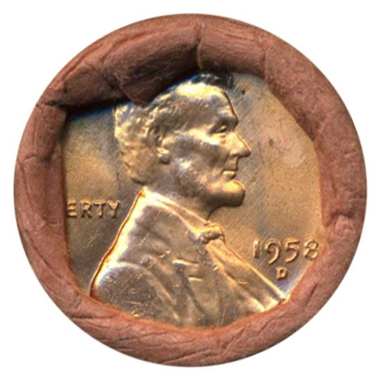 1958D Cent UnOpened Original Bank Roll 50 GEMS ES: Extremely Rare 50 year old never opened bank roll; end coins look GEM; huge GEM or Error/Variety potential; Just look at these GEM values MS66 $25; MS67 $950