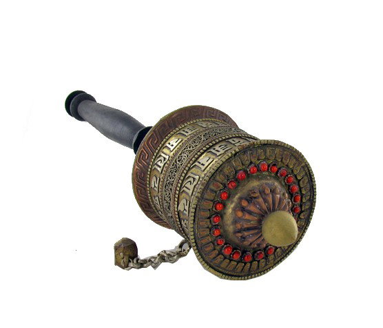Tibet Lg. Bronze Prayer Wheel with Handle: Excellent vintage piece with handle prayer scroll remaining inside, Buddhist Monks spin these while chanting during temple prayer, semi-precious stones, 11"