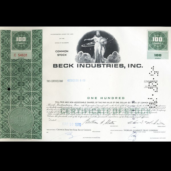 1970s Beck Industries Stock Certificate Scarce: Scarce high grade issue