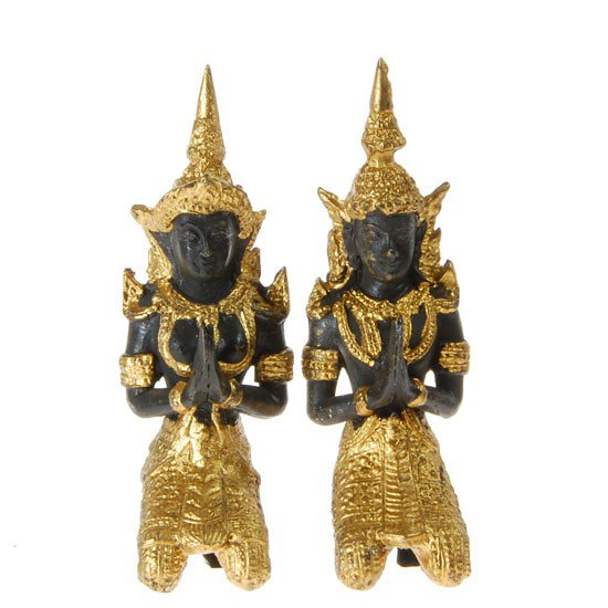 Male & Female Bronze Gilded Temple Guards: Solid bronze; heavily gilded; 4.5"