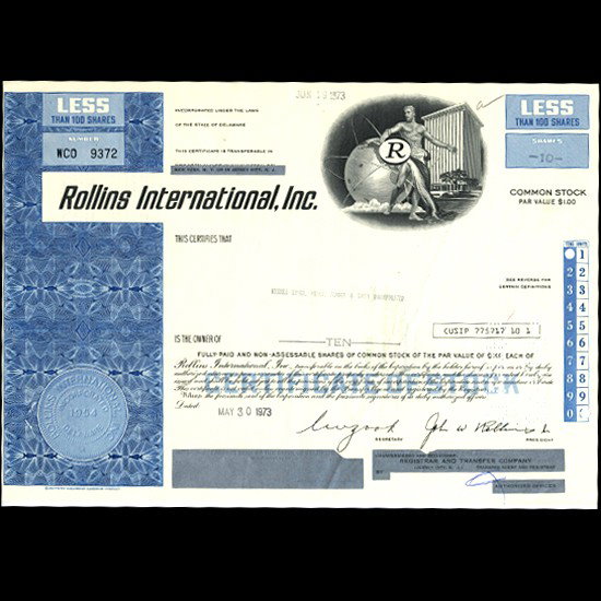 1970s Rollins International Stock Certificate Scar: Scarce high grade issue