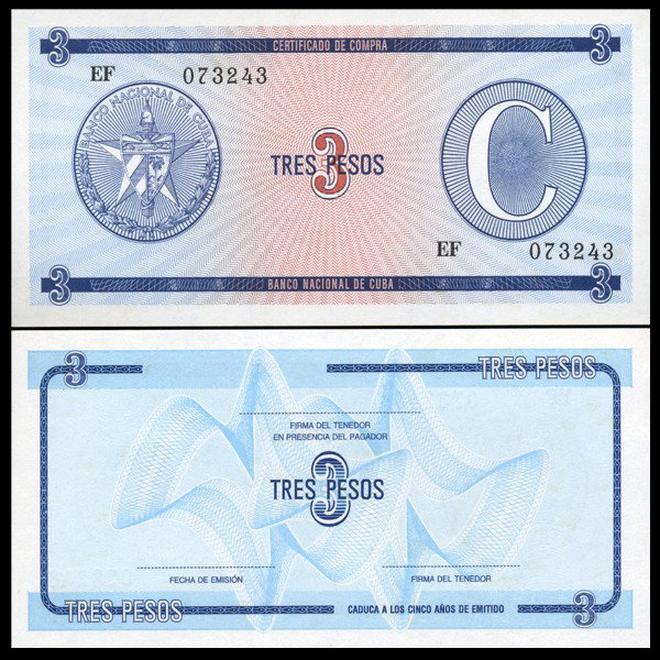 1990 Cuba 3 Peso For. Exch. Note Crisp Unc.: Scarce issue