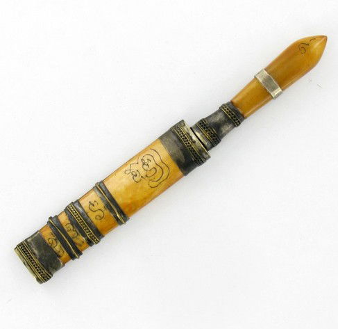 Handcarved Bone Knife & Scarab: Excellent new handcarved piece w/ steel blade; 4.5"