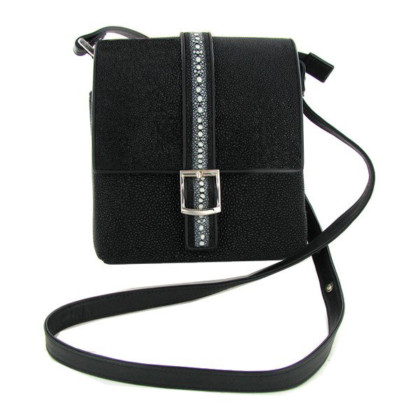 Unisex Stingray Shoulder Bag: Well made from tail pelt new stingray hide shoulder bag perfect for travel or small camera; fold out interior includes zippered compartment; coin holder; pen holder and a large expandable storage area