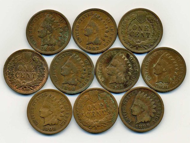 10 US Indian Cent Coin Lot EST: $51 - $102 (COI-25: Nice condition; unsearched