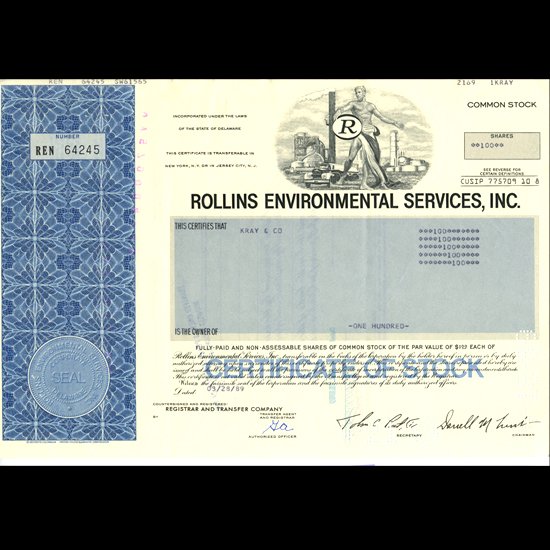 1980s Rollins Intl Stock Certif Scarce Blue EST: $: Scarce high grade issue