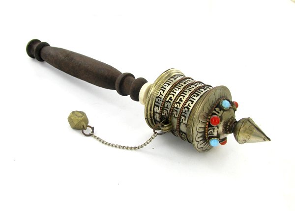 Tibet Bronze Prayer Wheel with Handle EST: $105 -: Excellent vintage piece with handle prayer scroll remaining inside, Buddhist Monks spin these while chanting during temple prayer, semi-precious stones, 8"