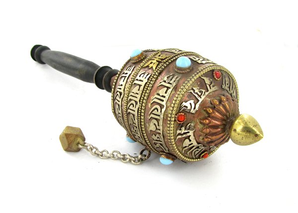 Tibet Bronze Prayer Wheel with Handle EST: $165 -: Excellent vintage piece with handle prayer scroll remaining inside, Buddhist Monks spin these while chanting during temple prayer, semi-precious stones, 11"
