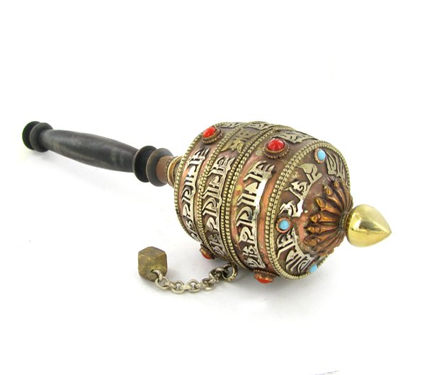 Tibet Bronze Prayer Wheel with Handle: Excellent vintage piece with handle prayer scroll remaining inside, Buddhist Monks spin these while chanting during temple prayer, semi-precious stones, 11"