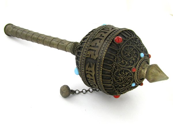 Tibet Bronze Prayer Wheel with Handle: Excellent vintage piece with handle prayer scroll remaining inside, Buddhist Monks spin these while chanting during temple prayer, semi-precious stones, 11"
