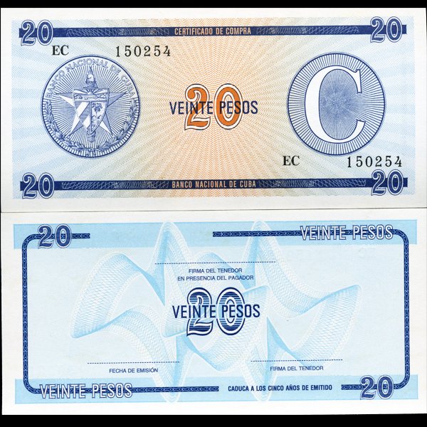 1990 Cuba 20 Peso For. Exch. Note Crisp Unc.: Scarce issue