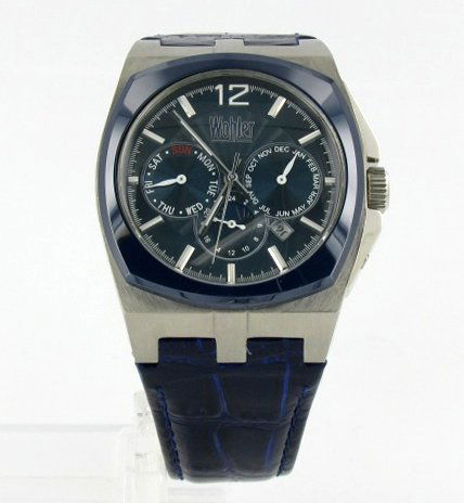 New Wohler Mens CHRONO Style Watch Retail $2295: Brand New Wohler men's stylish sport CHRONOGRAPH style watch in excellent new condition with date, 24-hour, weekday and seconds dials; stainless case, blue ceramic bezel and leather band; box and pape