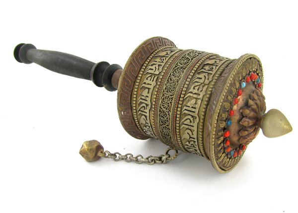 Tibet Bronze Prayer Wheel with Handle: Excellent vintage piece with handle prayer scroll remaining inside, Buddhist Monks spin these while chanting during temple prayer, semi-precious stones, 11"
