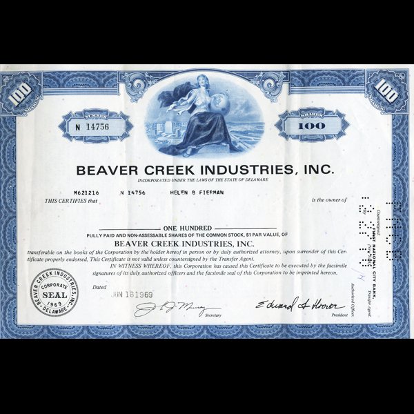 1960s Beaver Creek Stock Certificate Scarce: Scarce high grade issue
