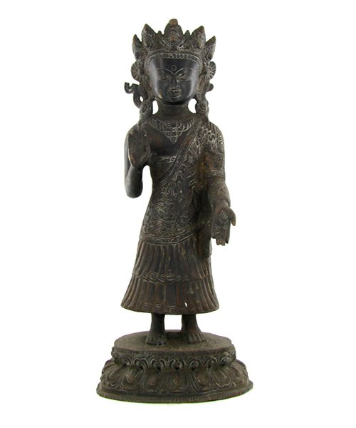 Antique Nepal Standing Buddha Bronze: Excellent large early 1900s Nepal Dipanker Buddha represents "Buddha of the Future"; heavy piece; 18"