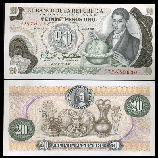 1982 Colombia 20 Pesos Crisp Uncirculated Note: Scarce high grade issue