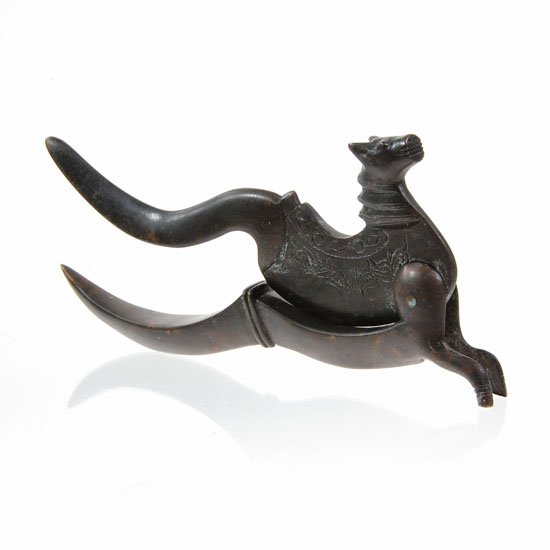 Antique Thai Bronze Seed Cracker: Excellent antique piece; used to crack seeds for chewing; Singh image; 7"