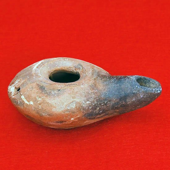 Rare Ancient Holy Corinthian Oil Lamp 2500 Y/O: Rare intact Greek clay (usually these are broken) oil lamp; excellent earth patina; found intact in Greece; 3"; approximately 400 BC
