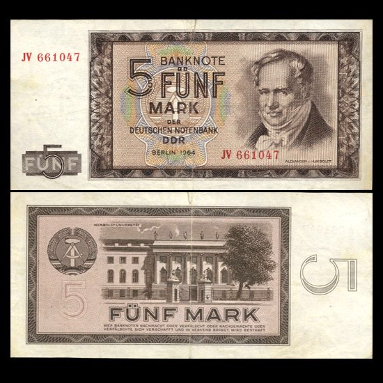 1964 E. Germany 5 Mark Crisp Circulated Note