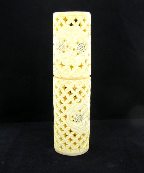 Chinese Handcarved Bone Scroll Tube: Excellent handcarved piece 6"