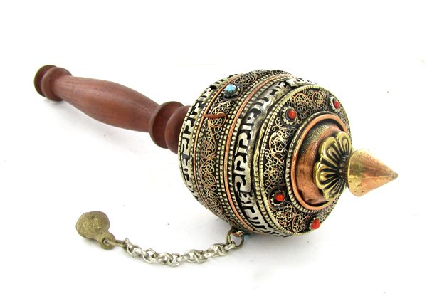 Tibet Bronze Prayer Wheel with Handle: Excellent vintage piece with handle prayer scroll remaining inside, Buddhist Monks spin these while chanting during temple prayer, semi-precious stones, 10"