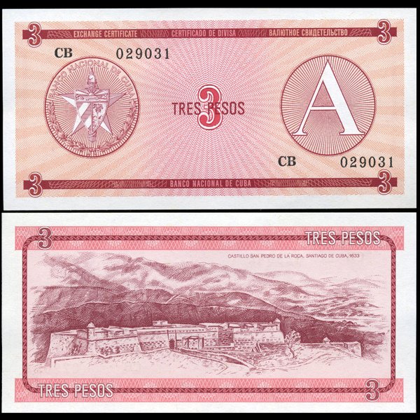 1985 Cuba 3 Peso For. Exch. Note Crisp Unc.: Scarce issue