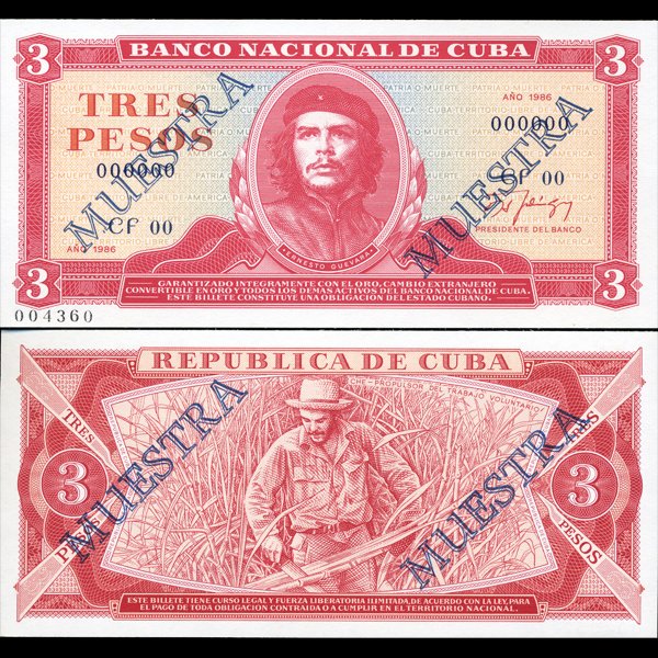1983 Cuba 3 Peso Specimen Note Crisp Unc.: Scarce issue