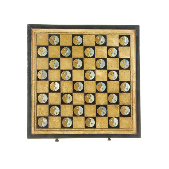 Hand Painted Marble Chess Set Wooden Box: Excellent Inlaid Marble, Brass & Mother of Pearl playing board/storage box, Yin/Yang Design, 10.5"x10.5". Playing pieces handcarved marble, largest piece 2.25".