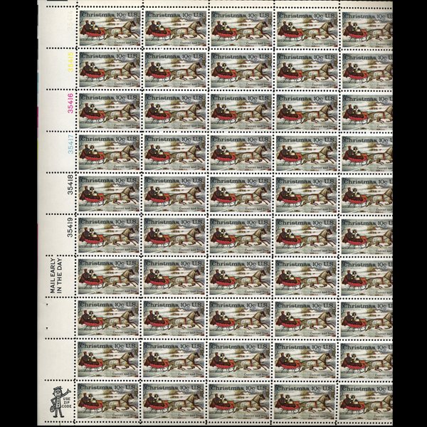 1974 US Xmas 10c Mint Sheet ERROR: Full 50pc mint sheet with incomplete inking - white spots look like falling snow