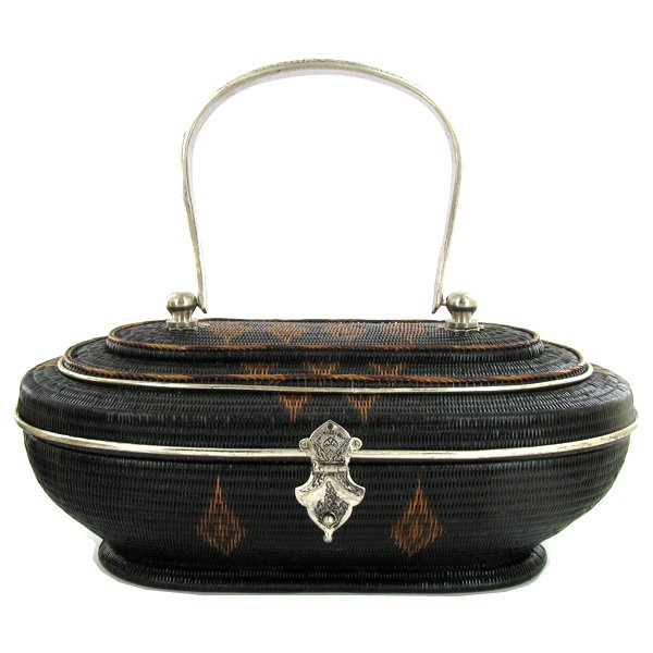 Finely Hand-woven Lipao Silver Plate Handbag: Many weeks of work in this finely, tightly woven Lipao vine handbag, silver plated hardware, silk lined with mirror; 8in wide