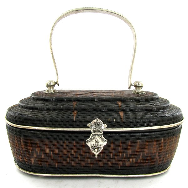 Finely Hand-woven Lipao Silver Plate Handbag: Many weeks of work in this finely, tightly woven Lipao vine handbag, silver plated hardware, silk lined with mirror; 7.5in wide