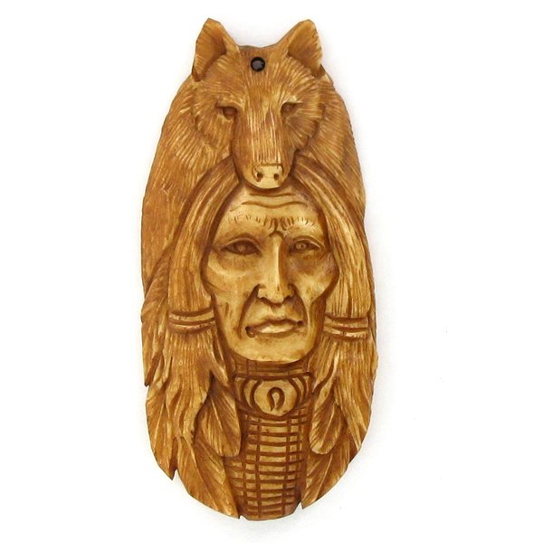 Carved Ox Bone Indian & Bear Pendant: Handcarved and well-crafted; 2"; stock photo, details may vary
