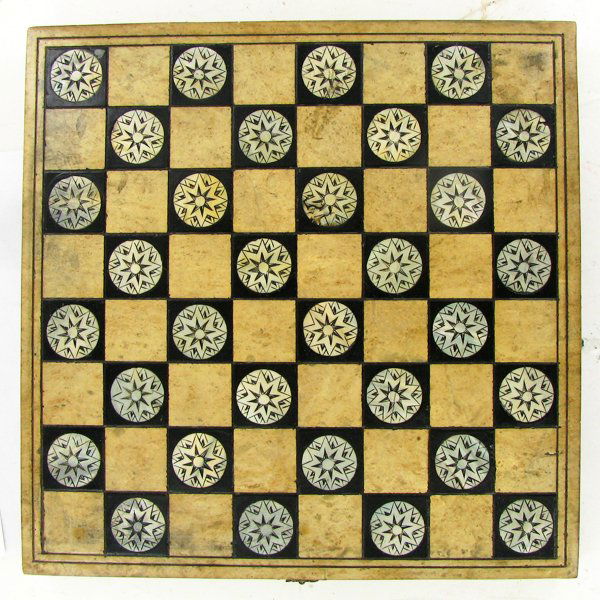 Hand Painted Marble Chess Set Wooden Box: Excellent Piece; Mother of Pearl; Compass Rose Design; largest pieces 3"; marble playing surface 11"