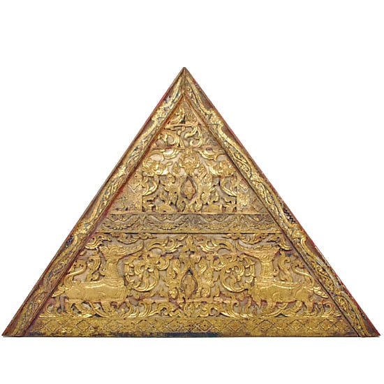 Architectural Antique Gilded Temple Roof Gable: Early 1900s original Antique Teak Thai Buddhist Temple roof gable end. The piece measures 64" x 45" x 4".Rare piece from renovation of Wat (Temple) Nong Tum in Northern Thailand. Gilded and ornately d