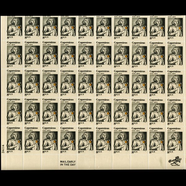1973 US Copernicus 8c Mint Sheet ERROR: Full 50pc mint sheet with orange color shift