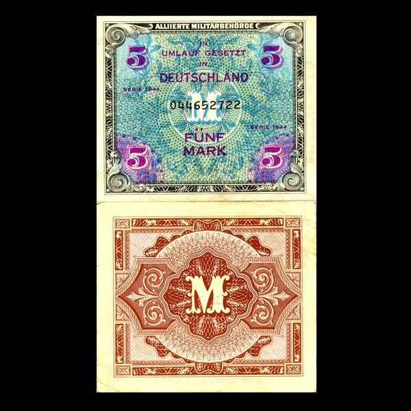 1944 Germany WW2 Allied 5 Mark Hi Grade: Scarce hi-grade piece