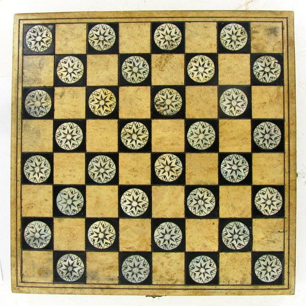 Hand Painted Marble Chess Set Wooden Box: Excellent Piece; Mother of Pearl; Compass Rose Design; largest pieces 3"; marble playing surface 11"