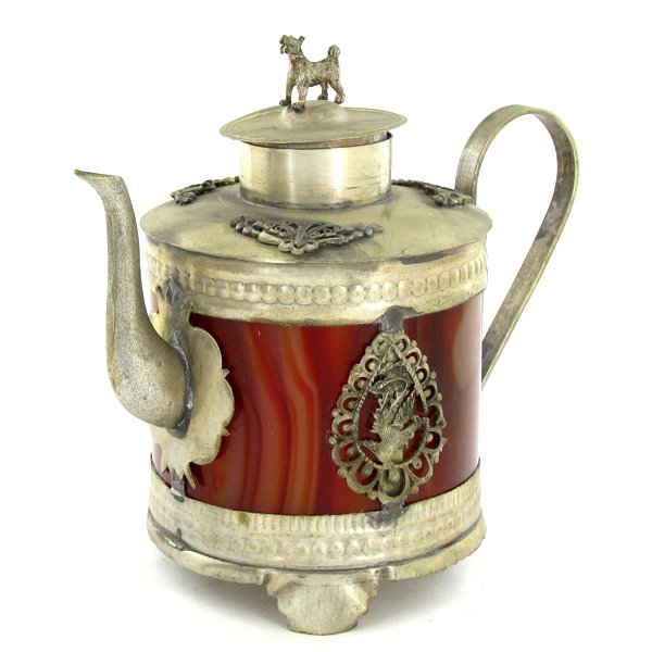 Chinese Silverplated Agate Teapot: Excellent piece; 4"