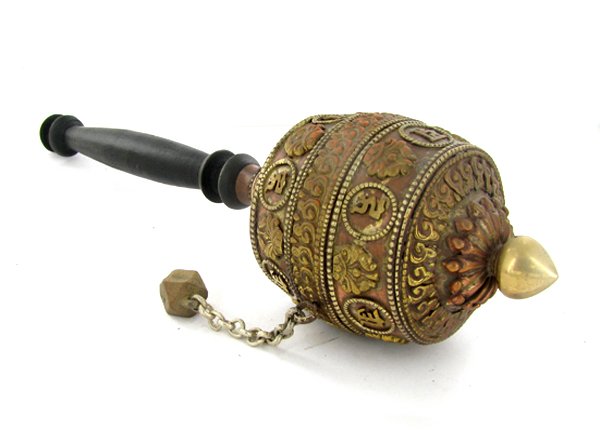 Tibet Bronze Prayer Wheel with Handle: Excellent vintage piece with handle prayer scroll remaining inside, Buddhist Monks spin these while chanting during temple prayer, semi-precious stones, 11"