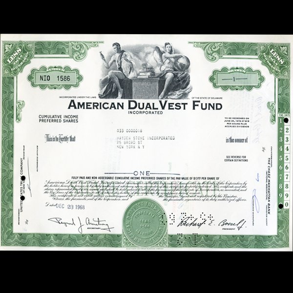 1960s Amer. Dual Vest Stock Certificate Scarce: Scarce high grade issue