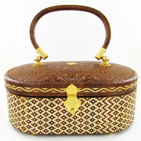 Finely Hand-woven Lipao Gold Plate Handbag: A week of work in this finely, tightly woven Lipao vine handbag, gold plated hardware, silk lined with mirror; 7" wide