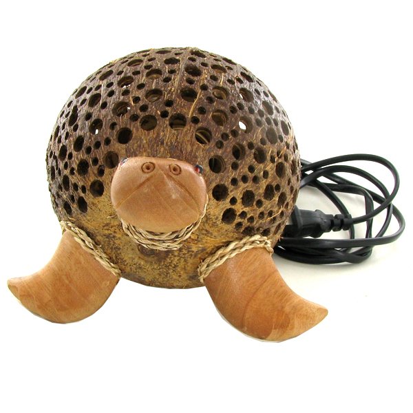 Coconut Shell Teak Sea Turtle Lamp: Excellent hand crafted piece; perfect for night light; 8"