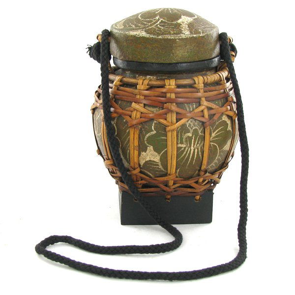 Hand Decorated Rice Container: Mastic Over Hand-Woven Bamboo, Used for Storage of Rice and Grain, 6"