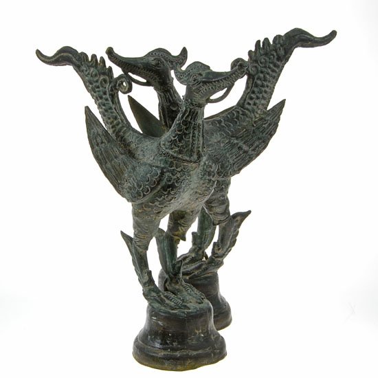 Antique Thai Bronze Suppanahong Bird Pair: Excellent original museum quality 1800s bronze antique pair; heavy; 10"x9" each; Suppanahong (HONG for short by Thais) is a mythical bird "golden swan" related to the Thai royalty - a Hong sits as the