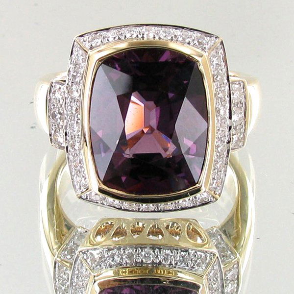 7.29ct Grape Spinel Diamond 14k Ring: Custom designed and handcrafted new piece; 44 small white diamonds totalling .49ct; 57.3ct total weight; HUGE RETAIL VALUE!
