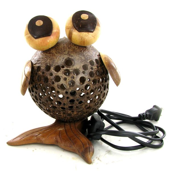 Coconut Shell Teak Fish Lamp: Excellent hand crafted piece; perfect for night light; 7"