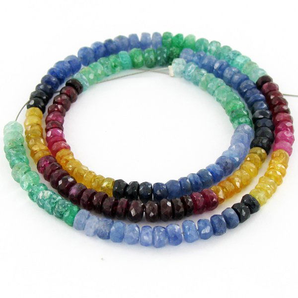 70ct HiGrade Multi-clr Sapphire Ruby Emerald Bead Stran: Well cut and polished pieces with customary treatment
